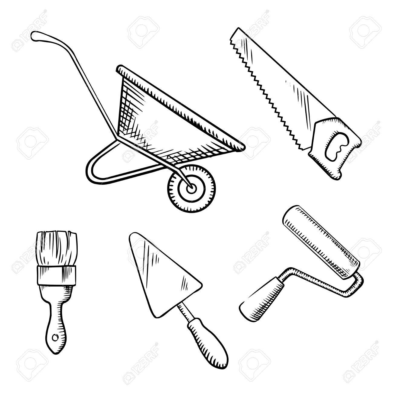 1300x1300 Hand Saw, Trowel, Wheelbarrow, Paint Brush And Roller Sketch