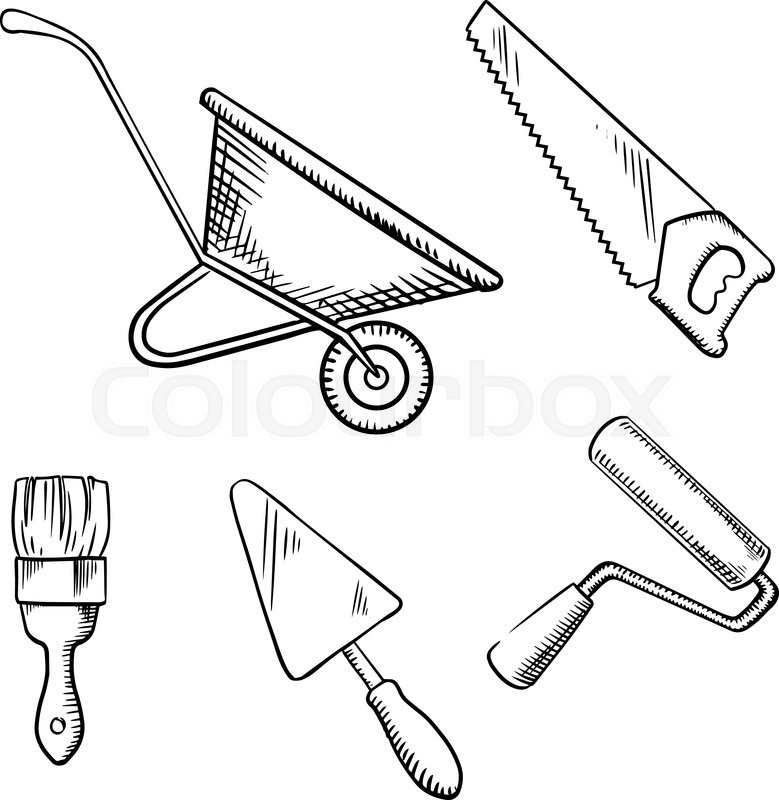 779x800 Hand Saw, Trowel, Wheelbarrow, Paint Brush And Roller Sketch Icons