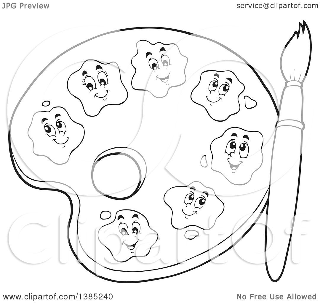 1080x1024 Clipart Of A Black And White Lineart Cartoon Paint Palette