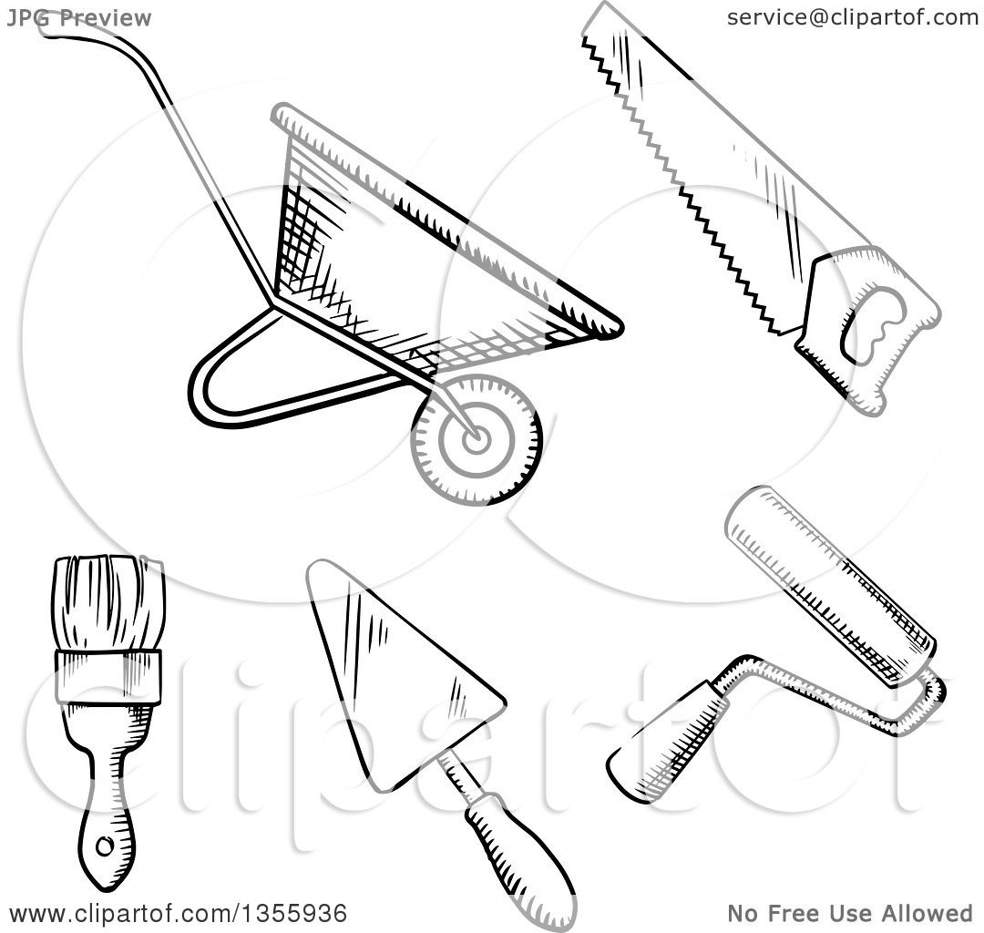 1080x1024 Clipart Of A Black And White Sketched Wheelbarrow, Saw, Paint