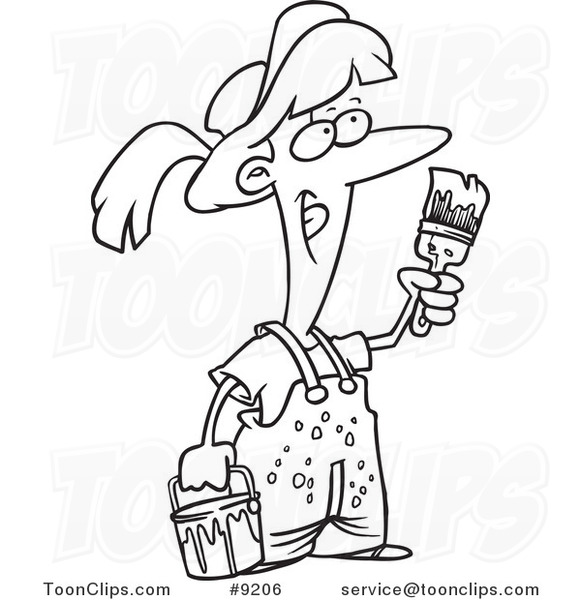 581x600 Cartoon Black And White Line Drawing Of A Female Painter