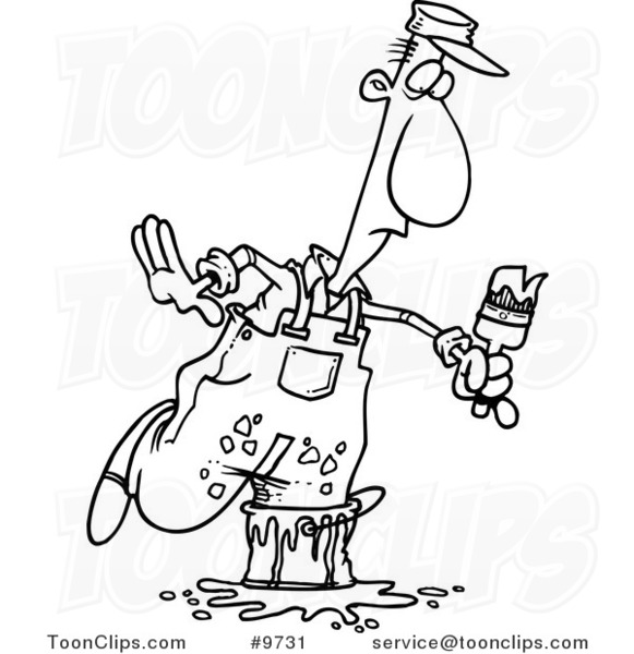 581x600 Cartoon Blacknd White Line Drawing Of Painter Stepping In