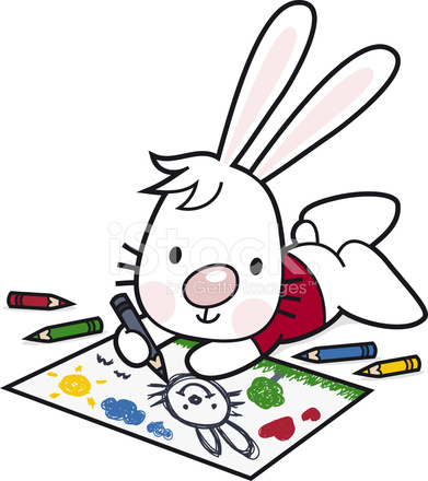 391x440 Children Drawing Cartoon Bunny Paints With Colored Pencils Stock