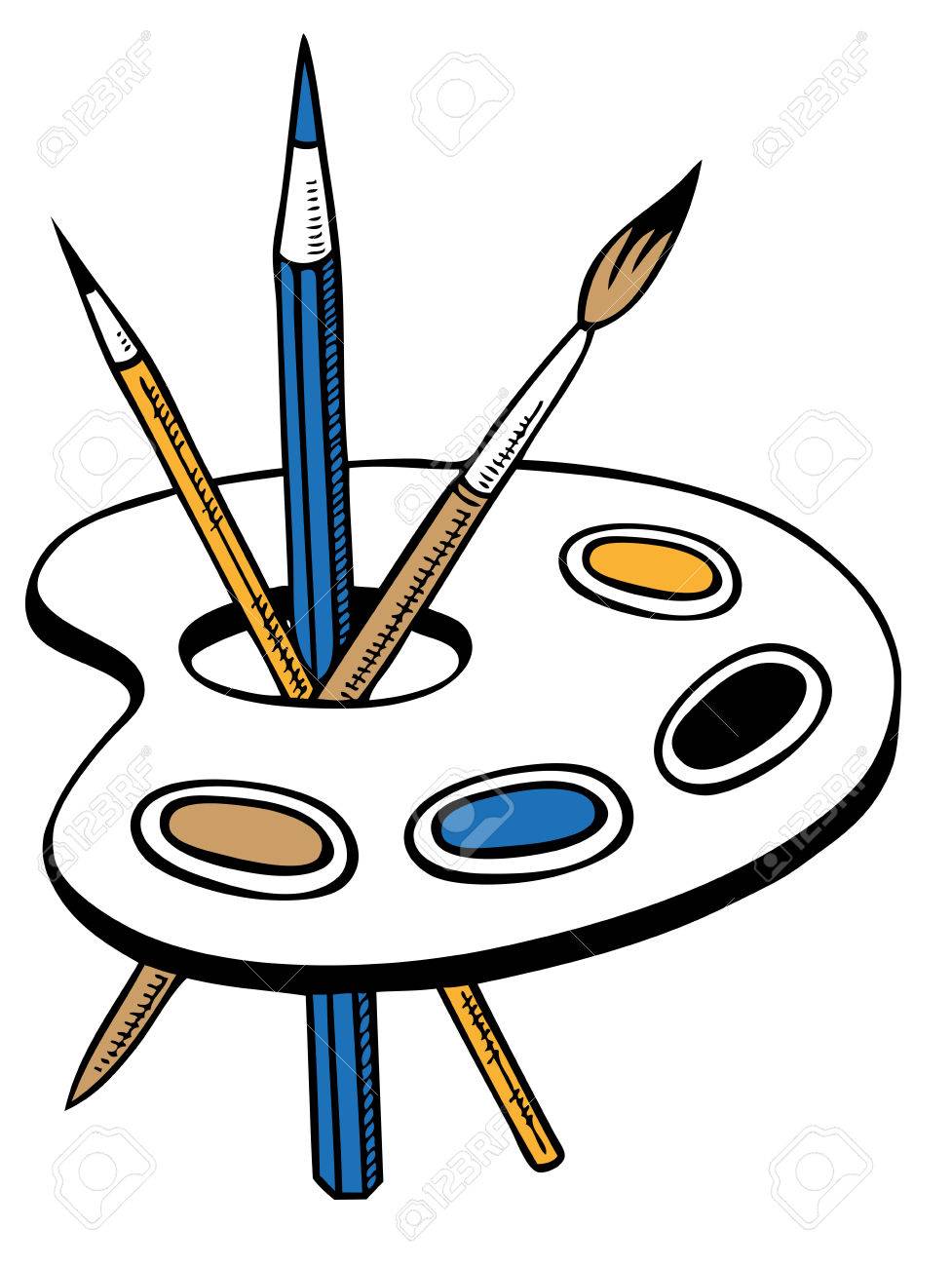 977x1300 Illustration Palette With Paints, Pencils And Brushes On A White