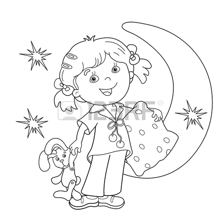450x450 Coloring Page Outline Of Cartoon Girl In Pajamas With Pillow