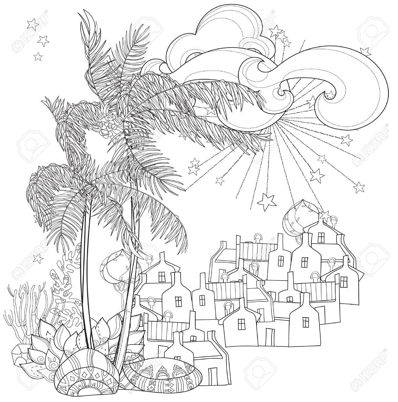 1288x1300 Hand Drawn Doodle Outline Palm Tree, Fairy Cartoon City