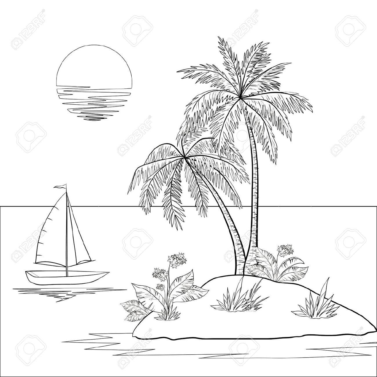 1300x1300 Ship, Sun, Tropical Sea Island With Palm Trees And Flowers Black