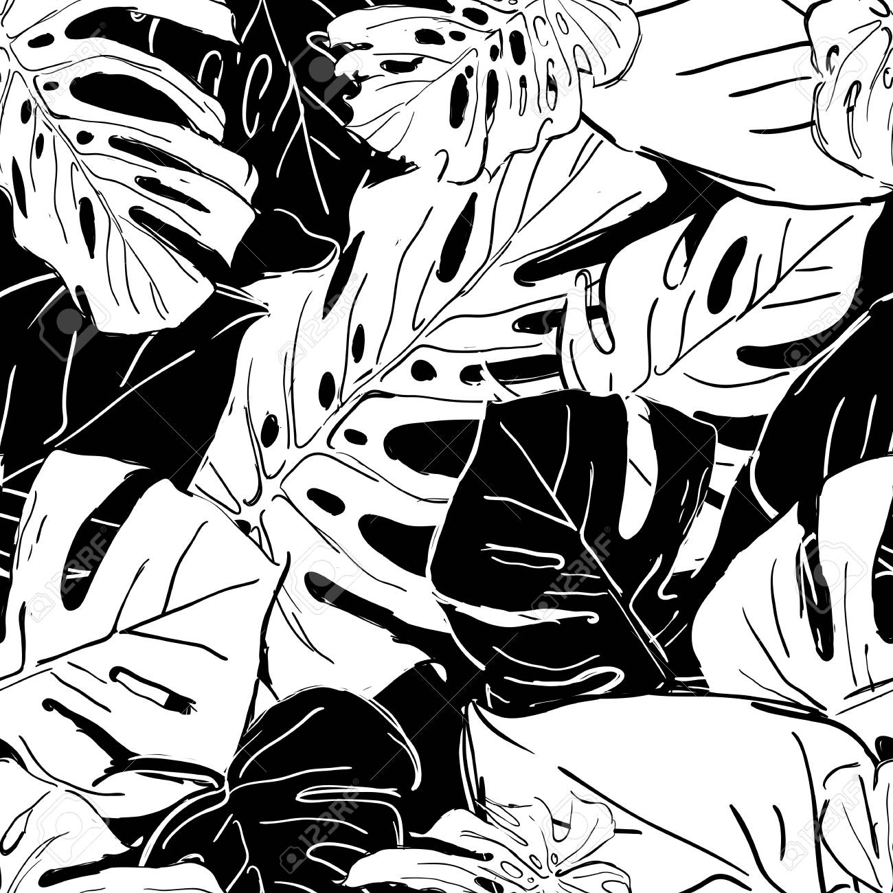 1300x1300 Tropical Black And White Palm Tree Leaves. Vector Summer Seamless