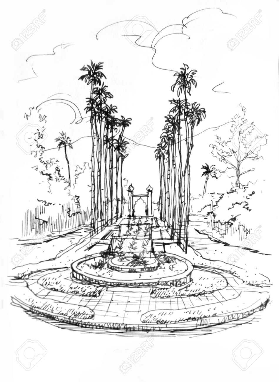 949x1300 Fountain Entrance With Palm Tree Pencil Drawing Stock Photo