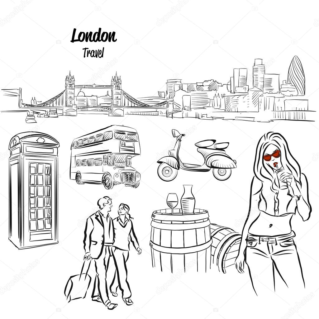 1024x1024 London Panorama And Travel Icons Sketches, Stock Vector Mail