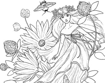 340x270 Pansies Fairy Ink Drawing Coloring Page Instant Download