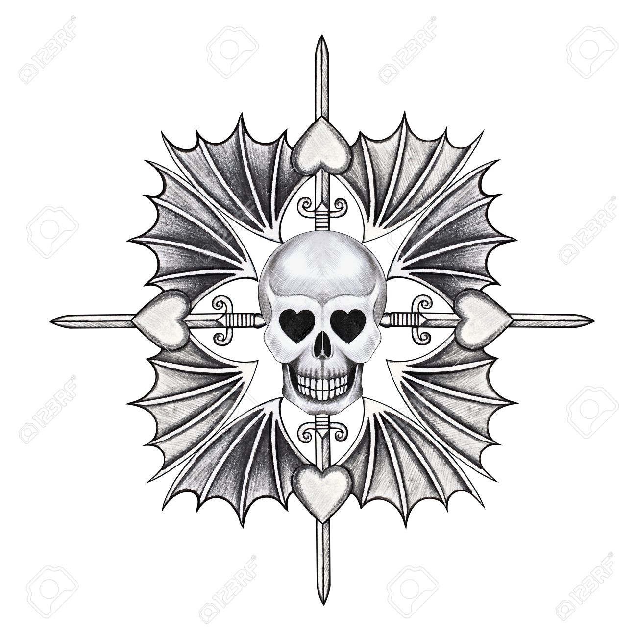 1300x1300 Skull Mix Heart Wing Tattoo Hand Pencil Drawing On Paper Stock