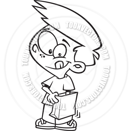 460x460 Cartoon Boy Reaching Into Paper Bag (Black Amp White Line Art) By