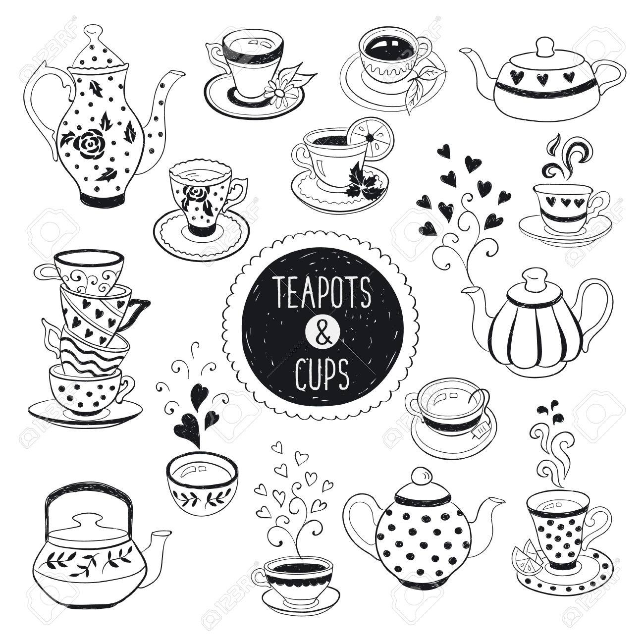 1300x1300 Hand Drawn Teapot And Cup Collection. Doodle Tea Cups, Coffee