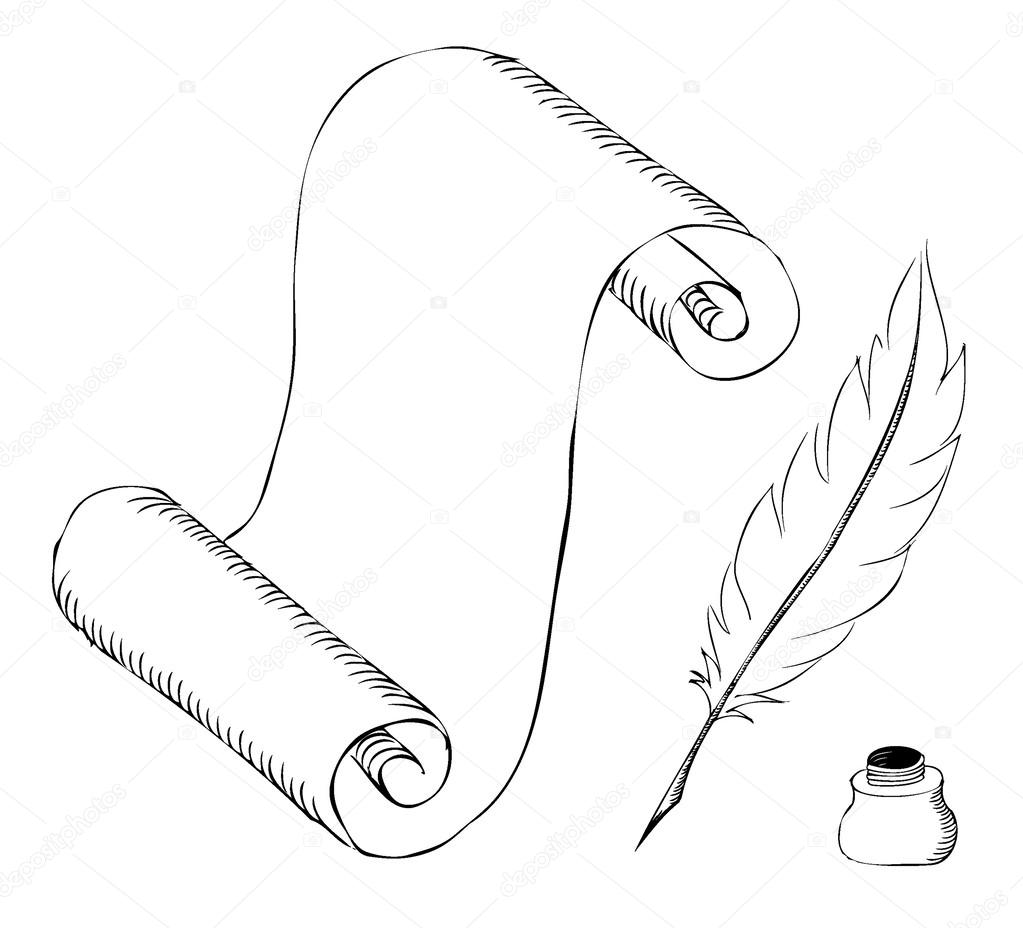 1023x928 Paper With Feather Pen And Ink Pot Sketch Stock Vector