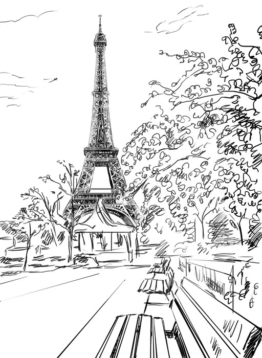512x700 Street In Paris. Eiffel Tower Sketch Illustration Wall Mural