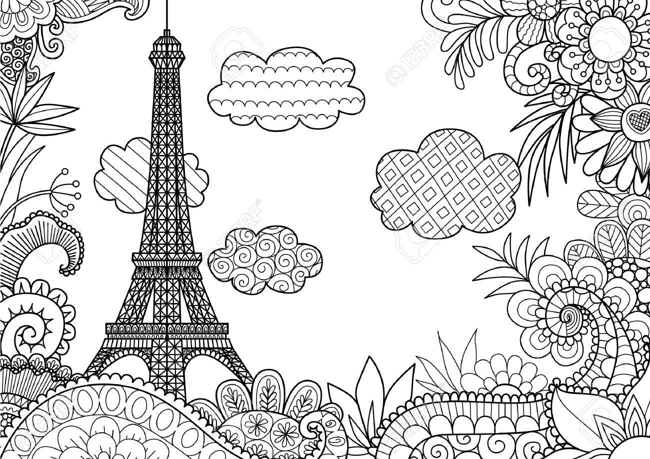 1300x918 Spring In Paris For Coloring Book Page Royalty Free Cliparts