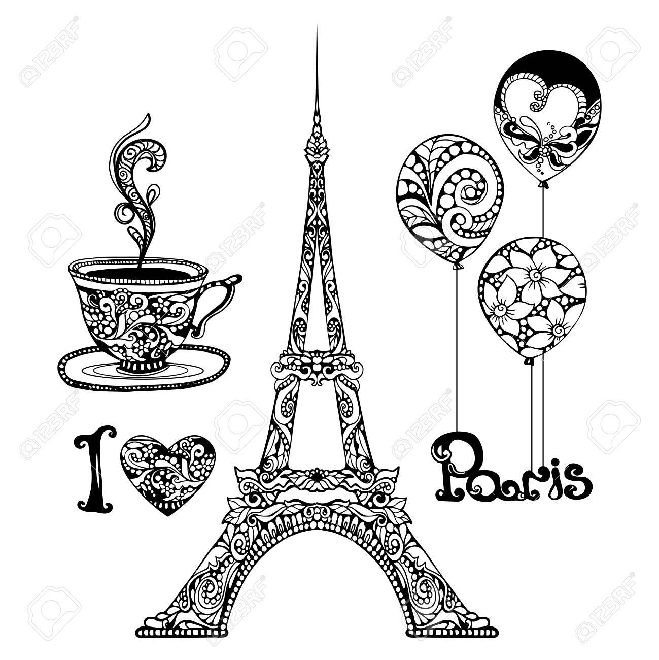 1299x1300 Decorative Eiffel Tower And Paris Vacation Symbols Set Hand Drawn