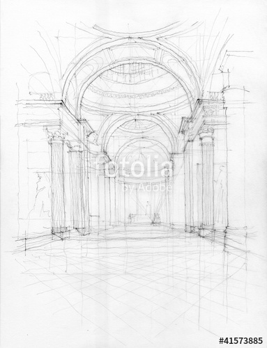 383x500 Crayon Drawing Of Pantheon Interior View, Paris, France Stock