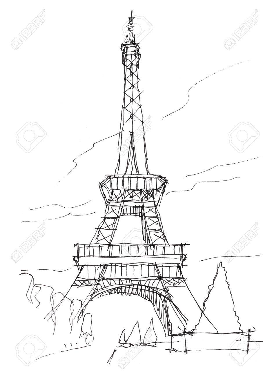 907x1300 Eiffel Tower Hand Pen Doodle Sketch Stock Photo, Picture