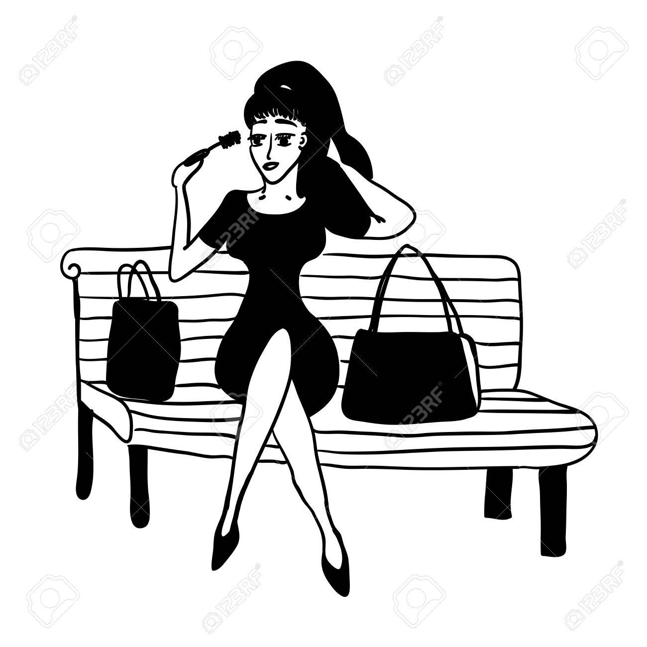 1300x1300 Girl After Shopping On A Park Bench Corrects Make Up Sketch Comic