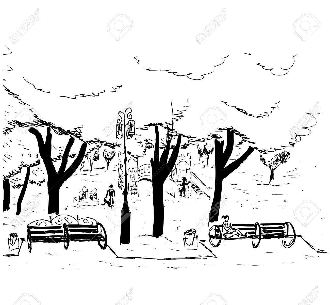 1300x1201 Hand Drawn Sketch Of The City Park With Trees, Benches, A Lantern