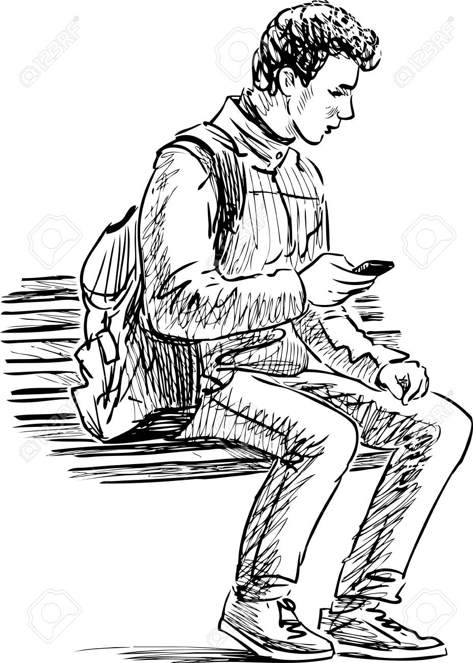 928x1300 Vector Sketch Of A Student With A Cell Phone Sitting On A Park