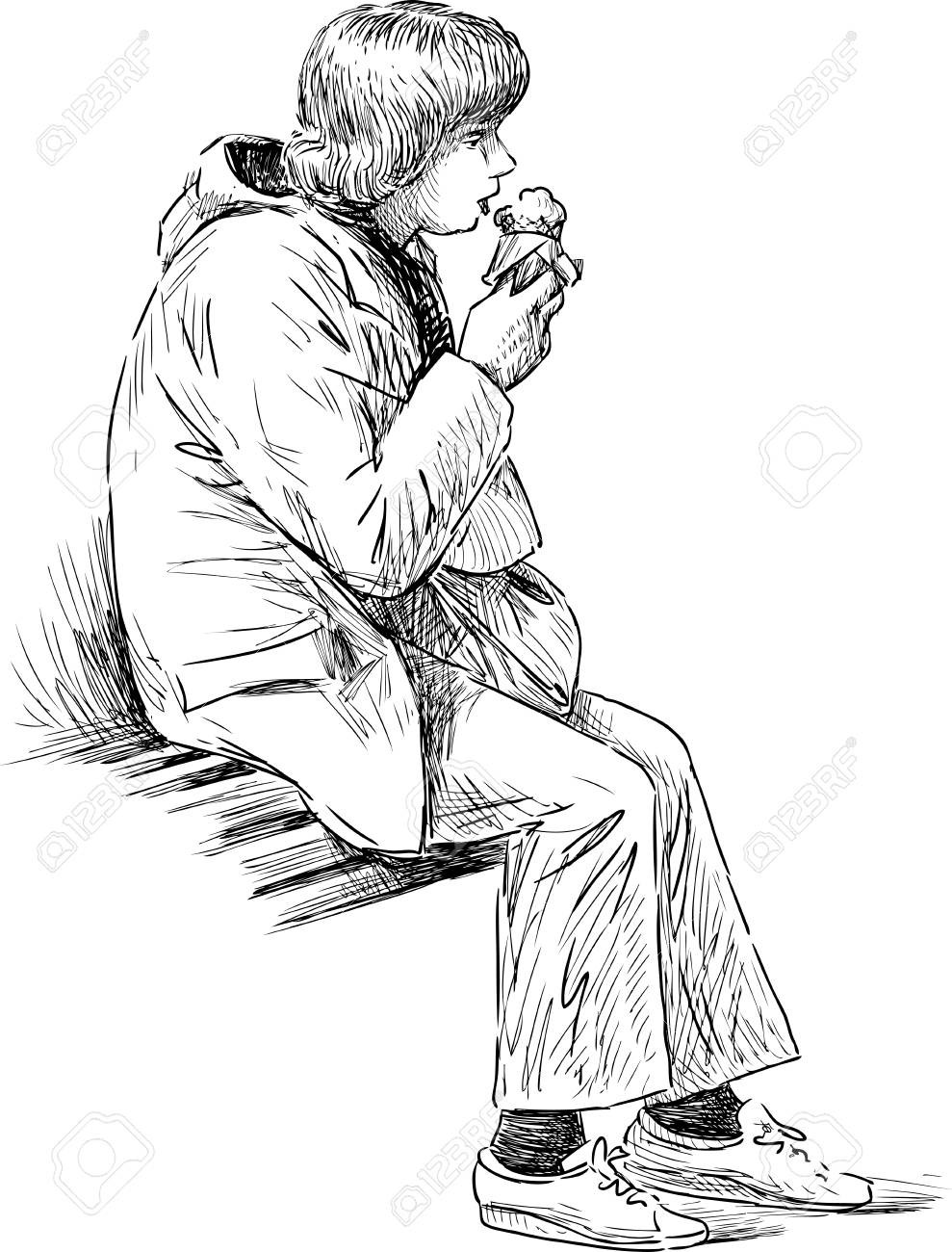 989x1300 A Woman Eating An Ice Cream On A Park Bench Royalty Free Cliparts