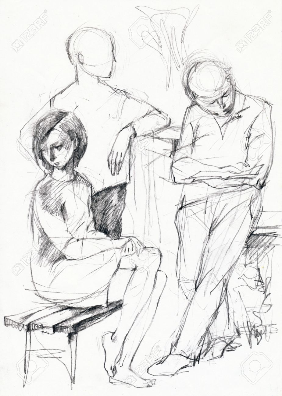 925x1300 Hand Made Picture, Peoples In The Park, Pencil Drawing Stock Photo