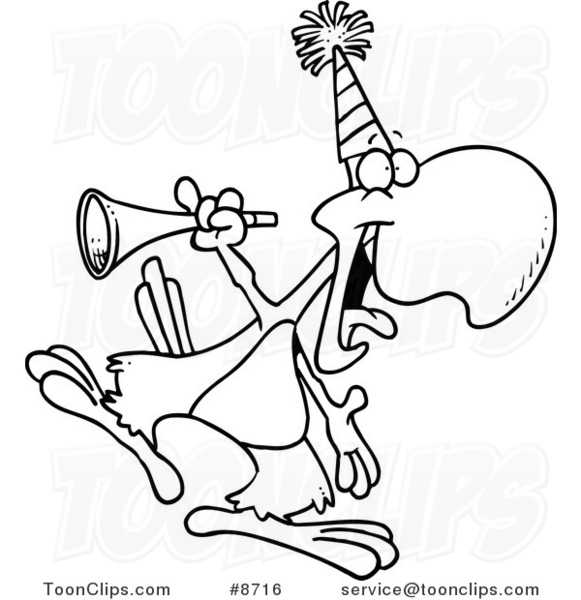 581x600 Cartoon Black And White Line Drawing Of A Party Parrot With A Horn