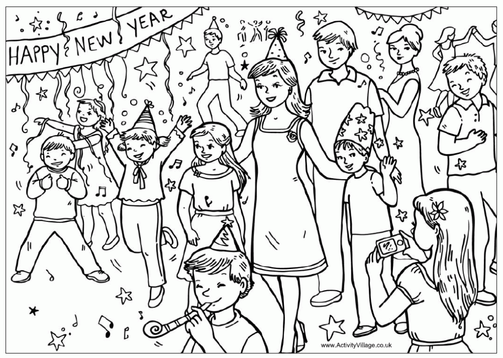1024x729 New Year Party Colouring Page For Kids With Regard To New Year