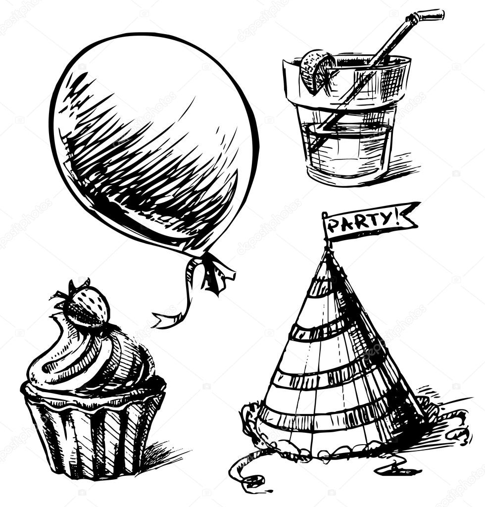 980x1024 Party Objects Set. Hand Drawing Sketch Vector Illustration Stock