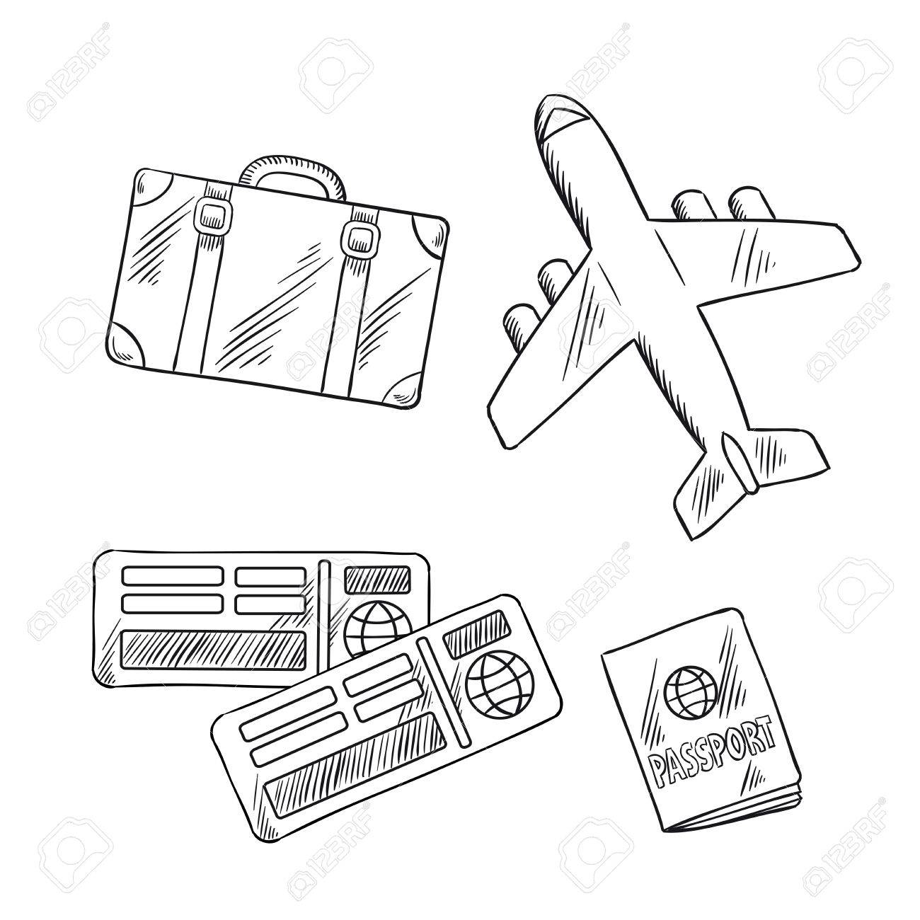 1300x1300 Air Travel Or Vacation Journey Sketch Icons With Airplane, Luggage