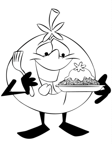 371x480 Cartoon Tomato Character Eating Pasta Coloring Page Free
