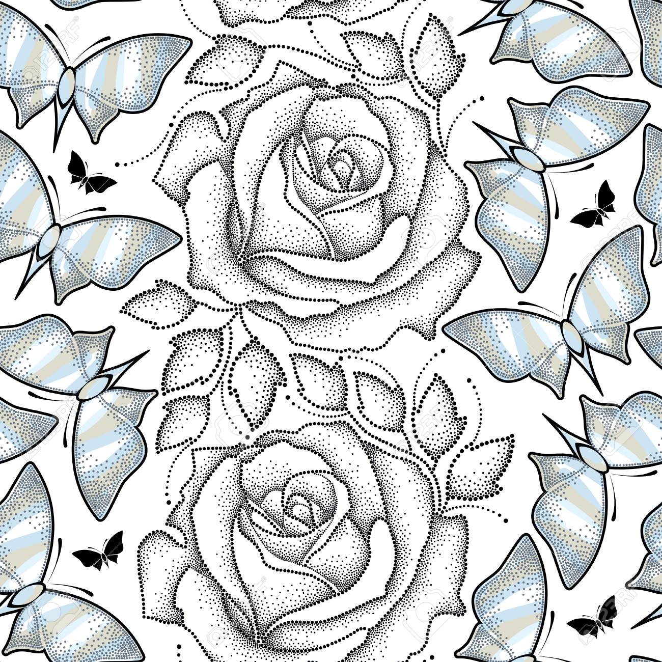 1300x1300 Seamless Pattern With Black Dotted Rose, Leaves And Butterflies