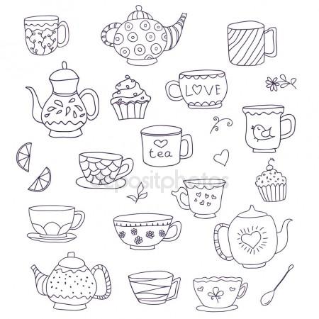 450x450 Set Of Cute Doodle Cups, Teapots And Cupcakes In Pastel Colors