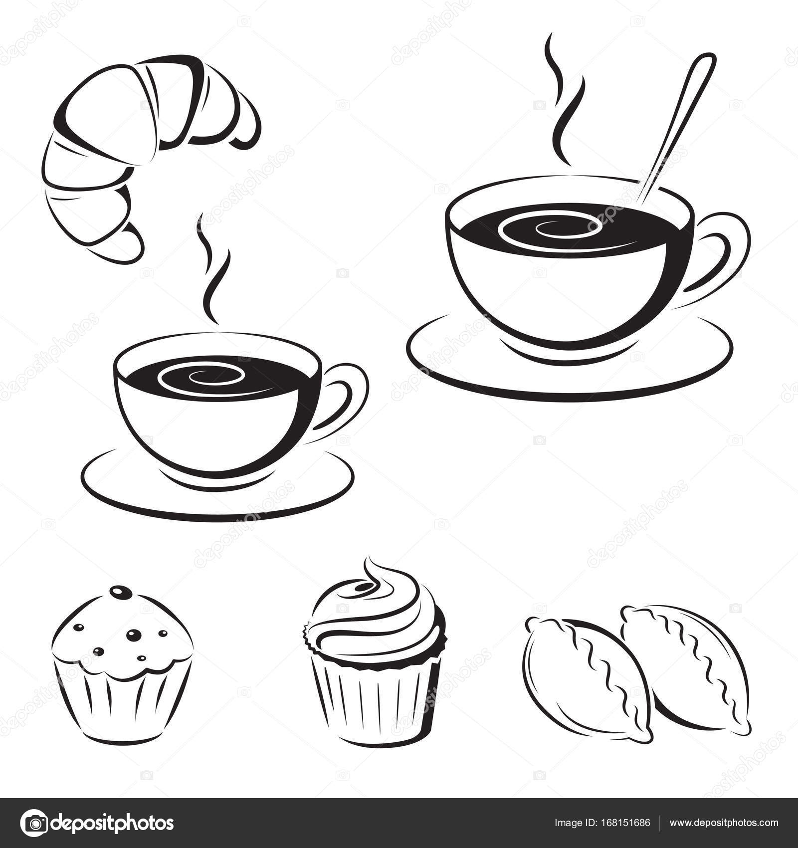1600x1700 Set Of Black Sketches, Icons. A Cup Of Coffee And Pastry