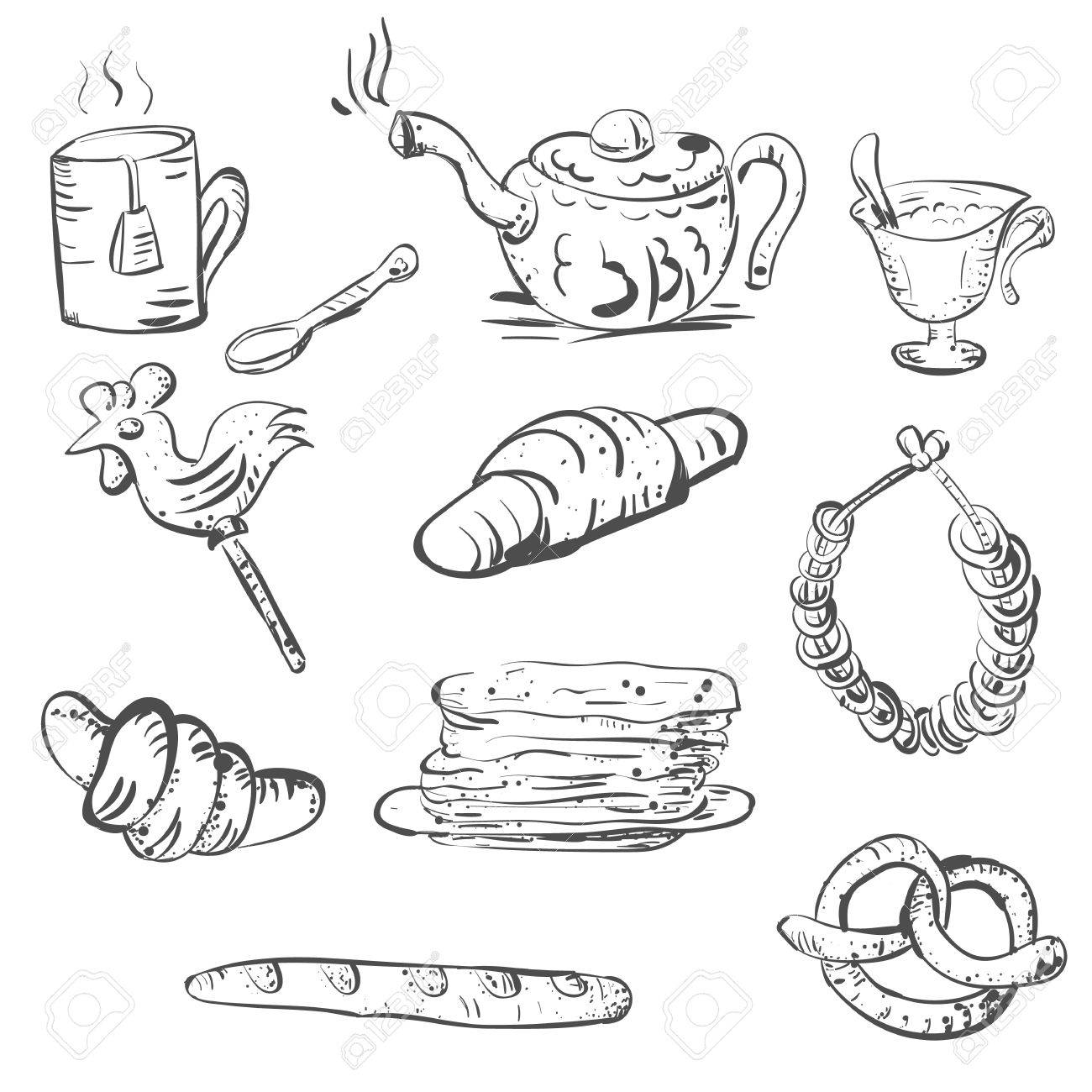 1300x1300 Vector Sketch Of Tea Set And Pastry And Sweets Royalty Free