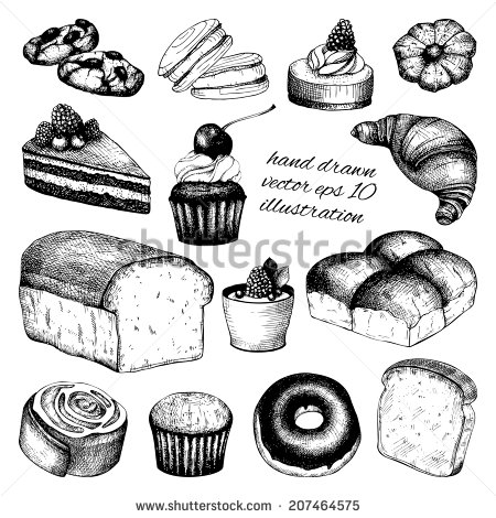 450x470 Vector Collection Of Black Ink Hand Drawn Breads And Pastries