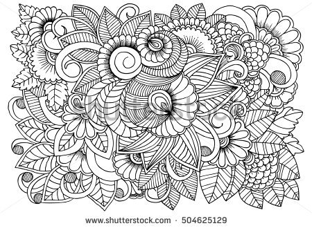 450x330 Black And White Flower Pattern For Coloring. Doodle Floral Drawing