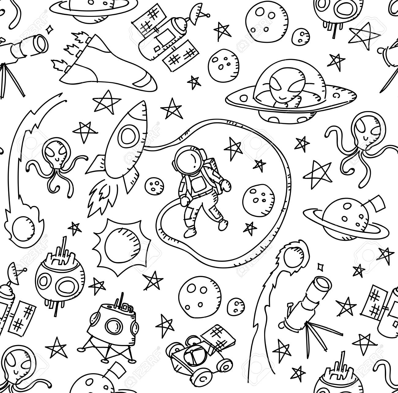 1300x1285 Seamless Pattern Background Astronaut In Space Kids Hand Drawing