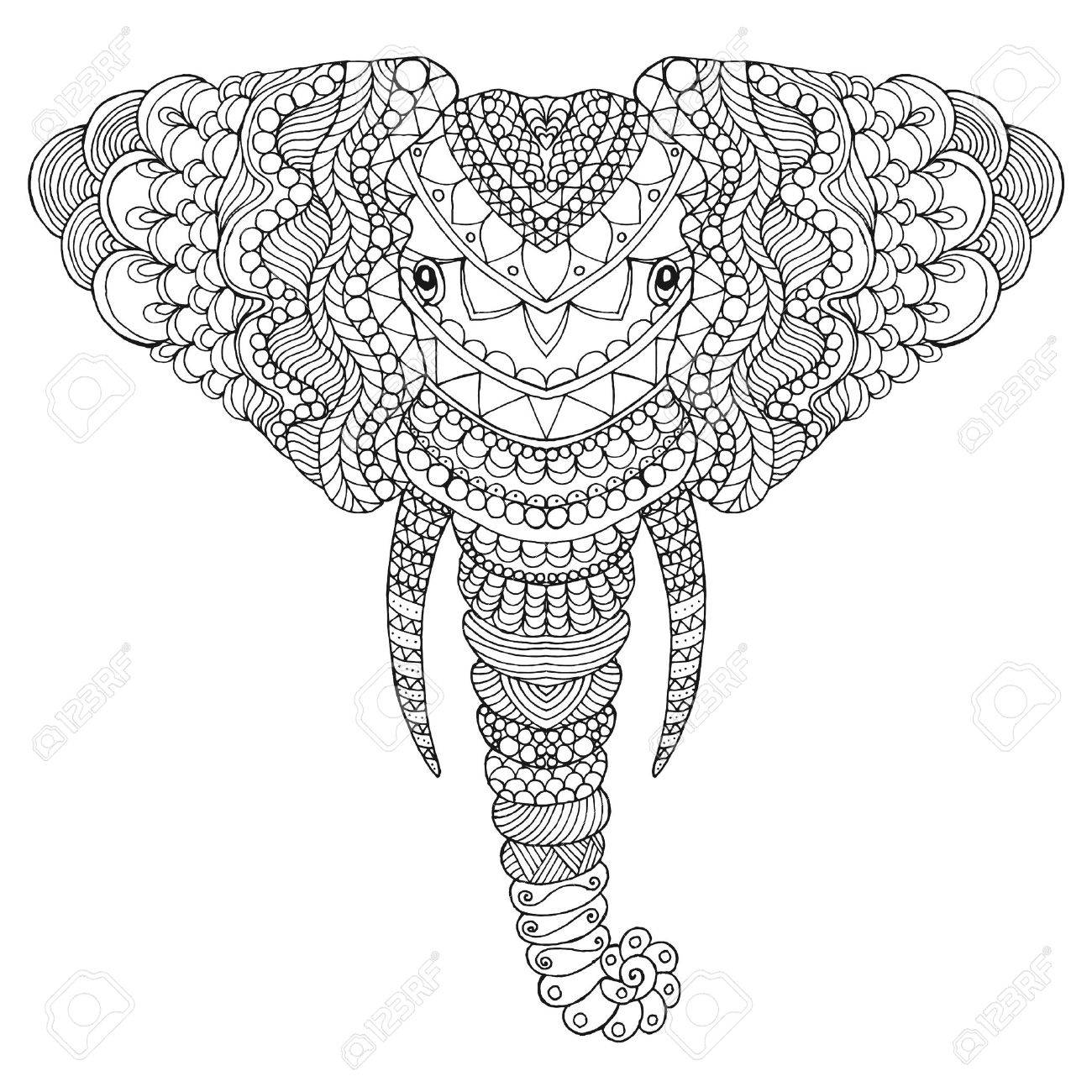 1300x1300 Elephant Head. Adult Antistress Coloring Page. Black White Hand