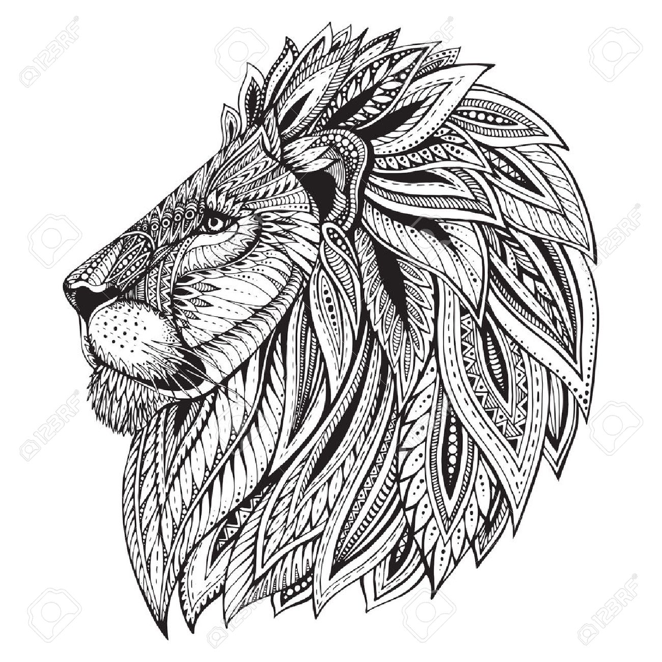 1300x1300 Ethnic Patterned Ornate Head Of Lion. Black And White Doodle