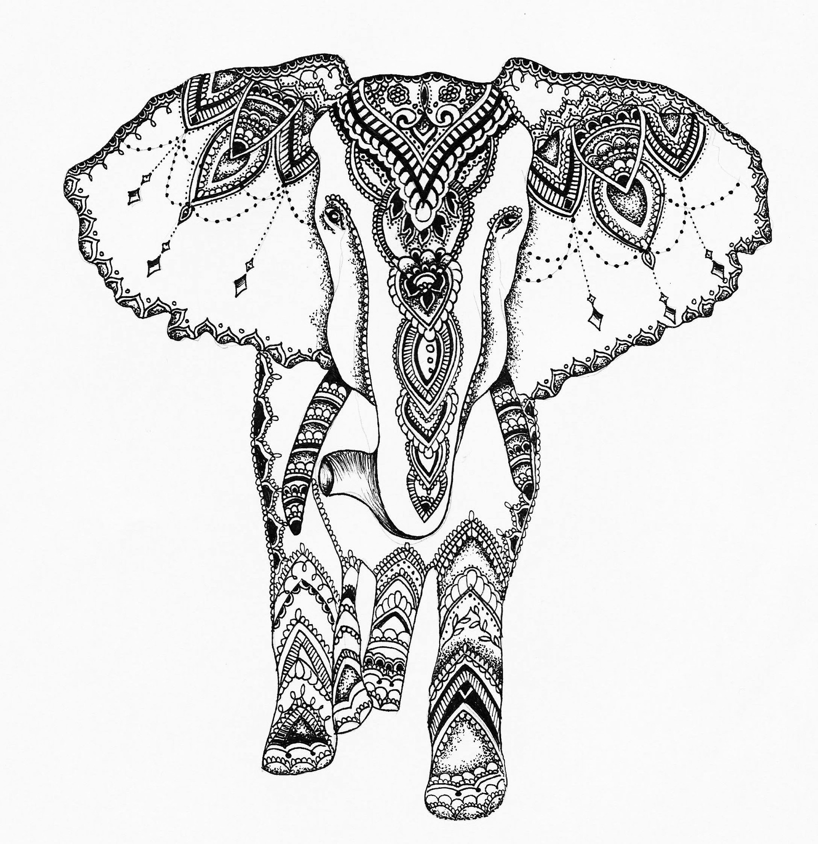 1600x1651 Nice Uncolored Indian Patterned Elephant Tattoo Design