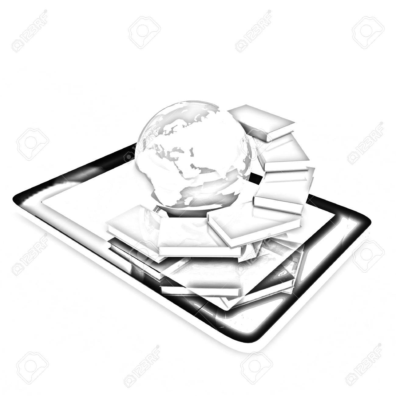 1300x1300 Tablet Pc And Earth With Real Books. Pencil Drawing Stock Photo