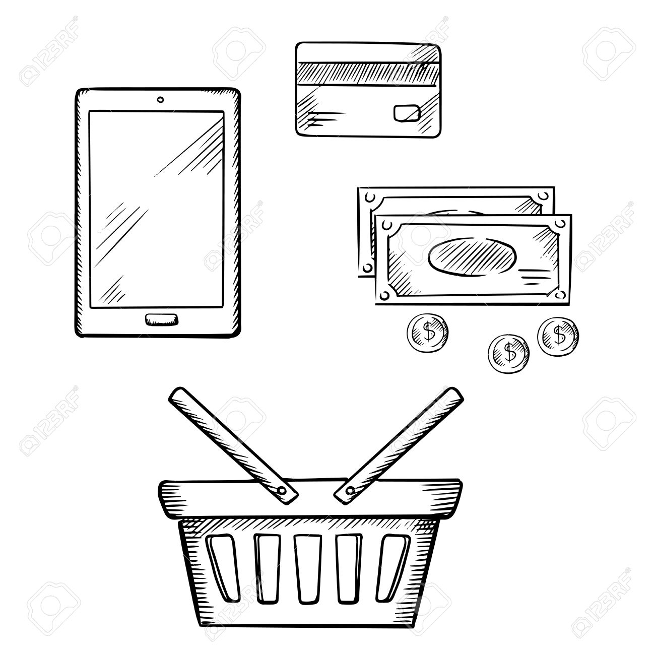 1300x1300 Tablet Pc With Shopping Basket, Credit Card, Dollar Bills