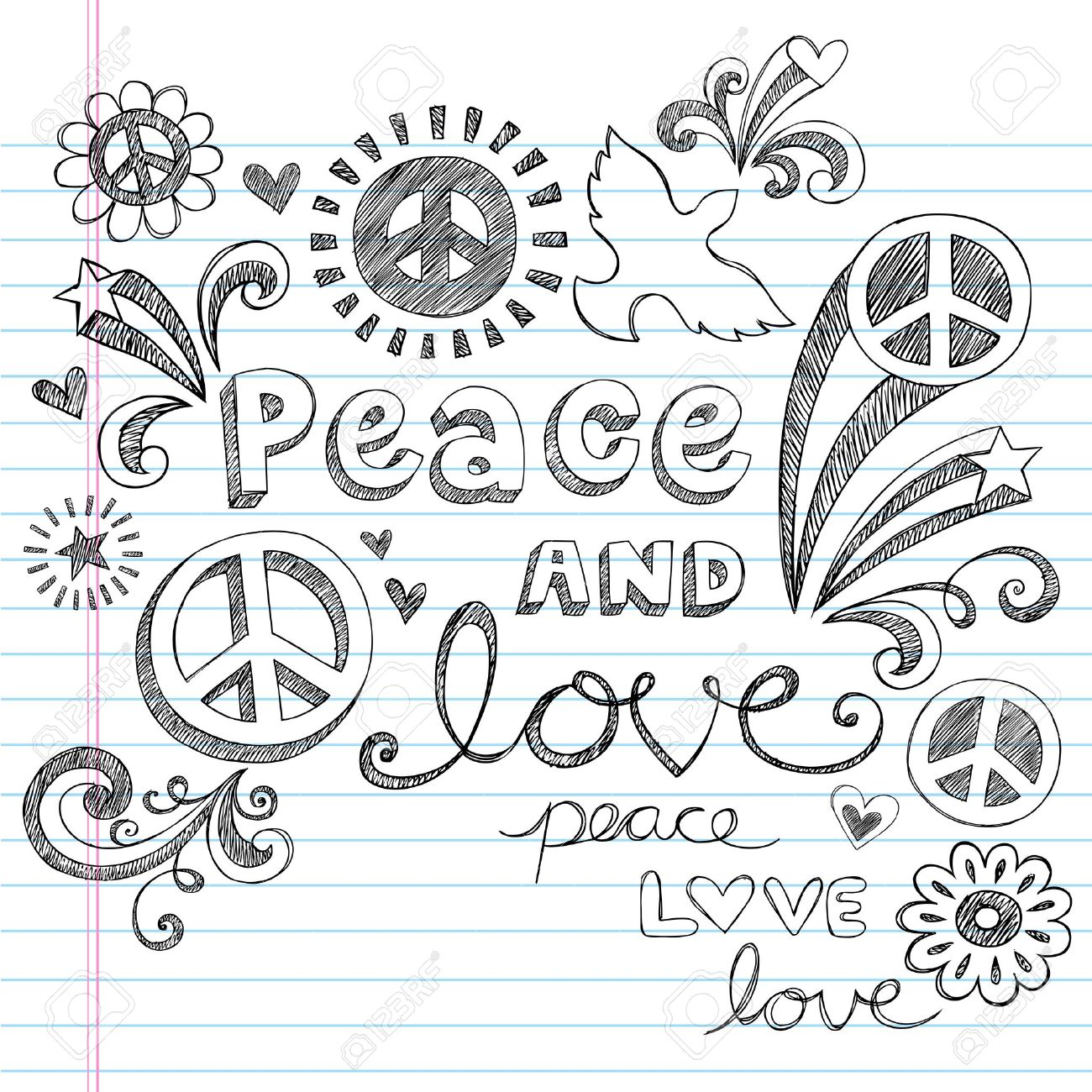 1300x1300 Peace Amp Love Sketchy Notebook Doodles Design Elements On Lined