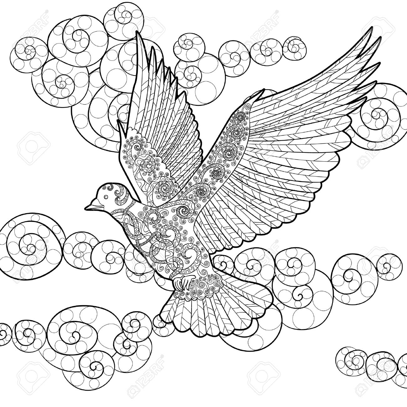 1300x1300 Flying Dove In The Sky. Adult Antistress Coloring Page. Black