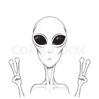 320x320 Alien Hand Drawn Vector Illustration. Martian Showing Peace Sign