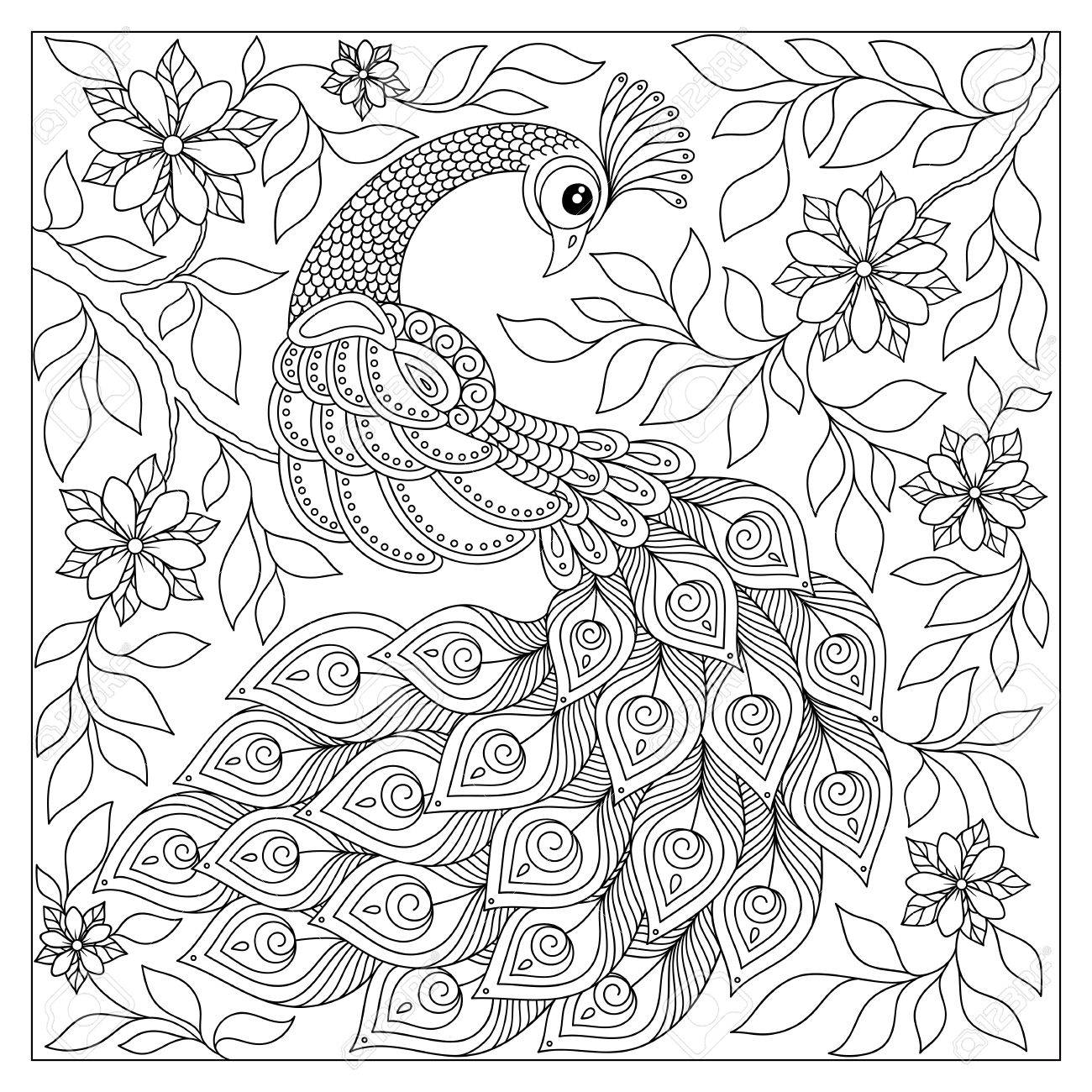 1300x1300 Hand Drawn Peacock For Anti Stress Coloring Page With High Details